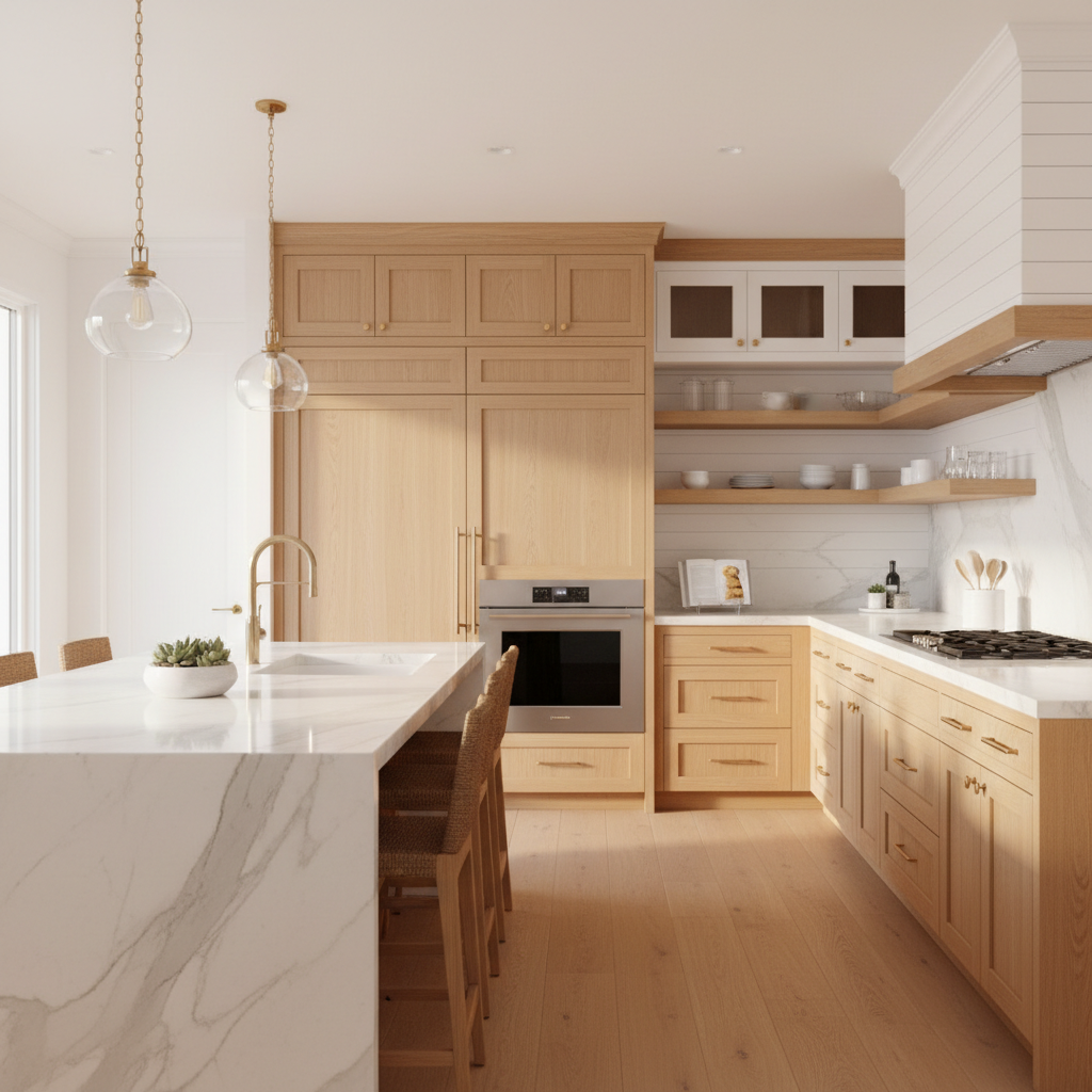 Upscale kitchen with integrated refrigerator and wall oven